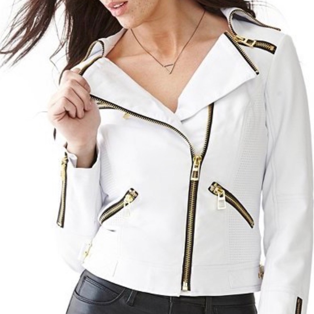 GUESS white faux leather w/gold jacket; EUC Small